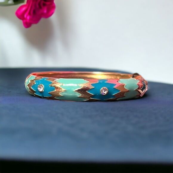 Sequin Southwest Blue Teal Gold Rhinestone Stackable Hinged Clamper Bangle NWT - Picture 2 of 5